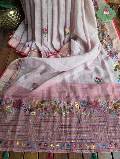 Maheer | Hand Painted Dusty Pink Linen Tissue Saree With Hand Embroidery
