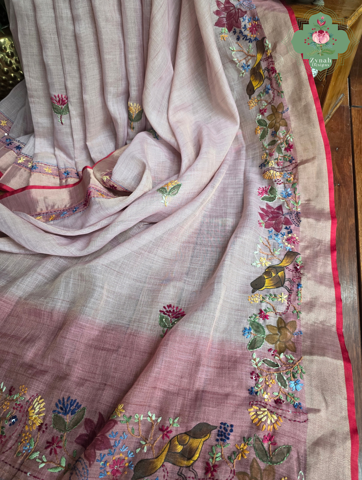 Maheer | Hand Painted Dusty Pink Linen Tissue Saree With Hand Embroidery