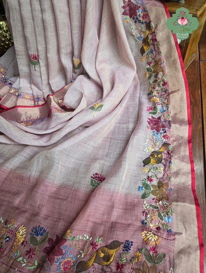 Maheer | Hand Painted Dusty Pink Linen Tissue Saree With Hand Embroidery