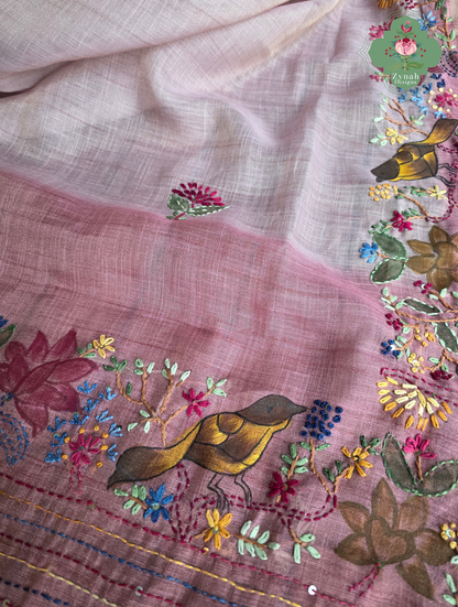 Maheer | Hand Painted Dusty Pink Linen Tissue Saree With Hand Embroidery