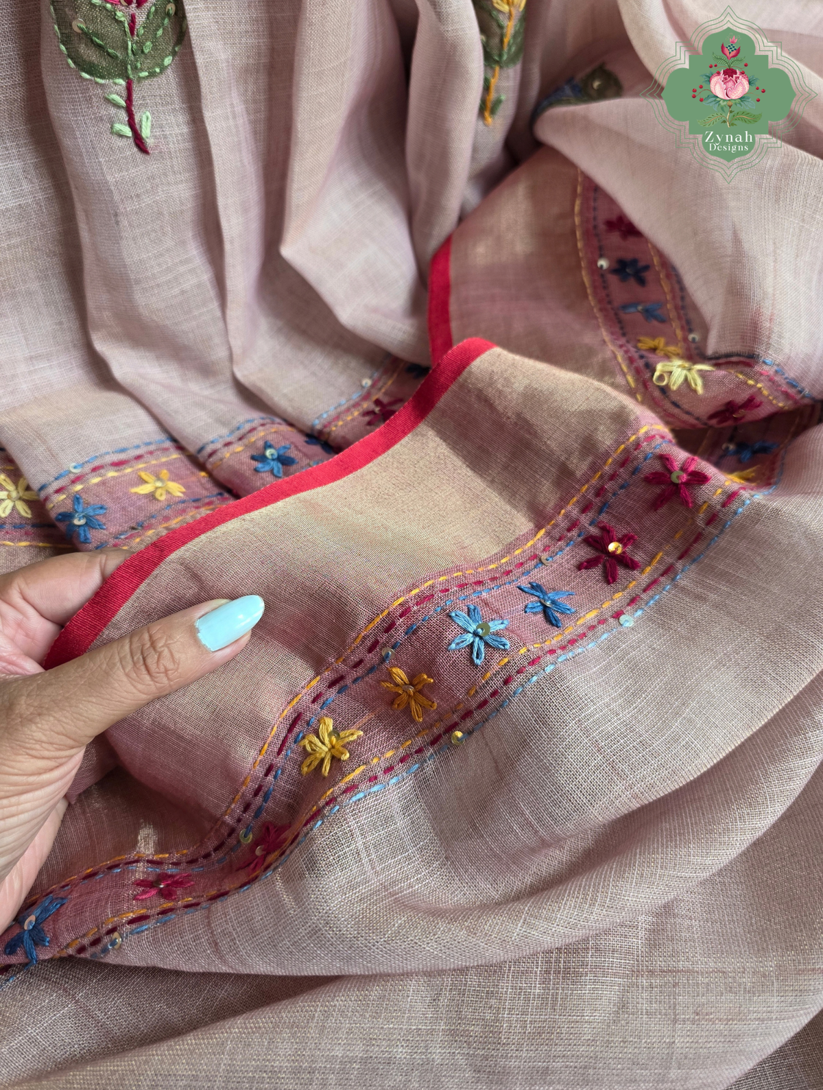Maheer | Hand Painted Dusty Pink Linen Tissue Saree With Hand Embroidery