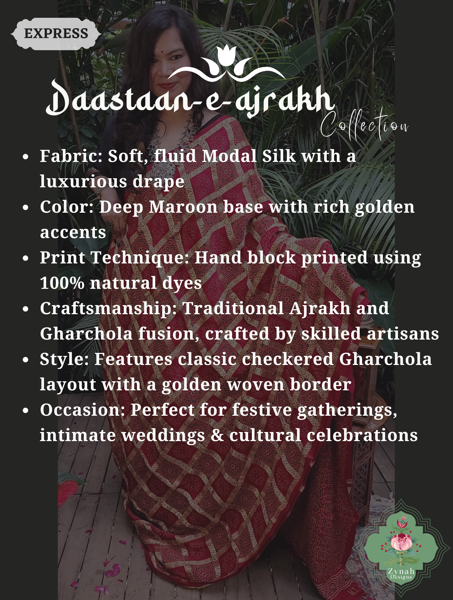 Zynah Maroon Ajrakh Modal Silk Hand Block Printed Gharchola Saree With Gold Woven Border; Custom Stitched/Ready-made Blouse, Fall, Petticoat; SKU: 3107202501