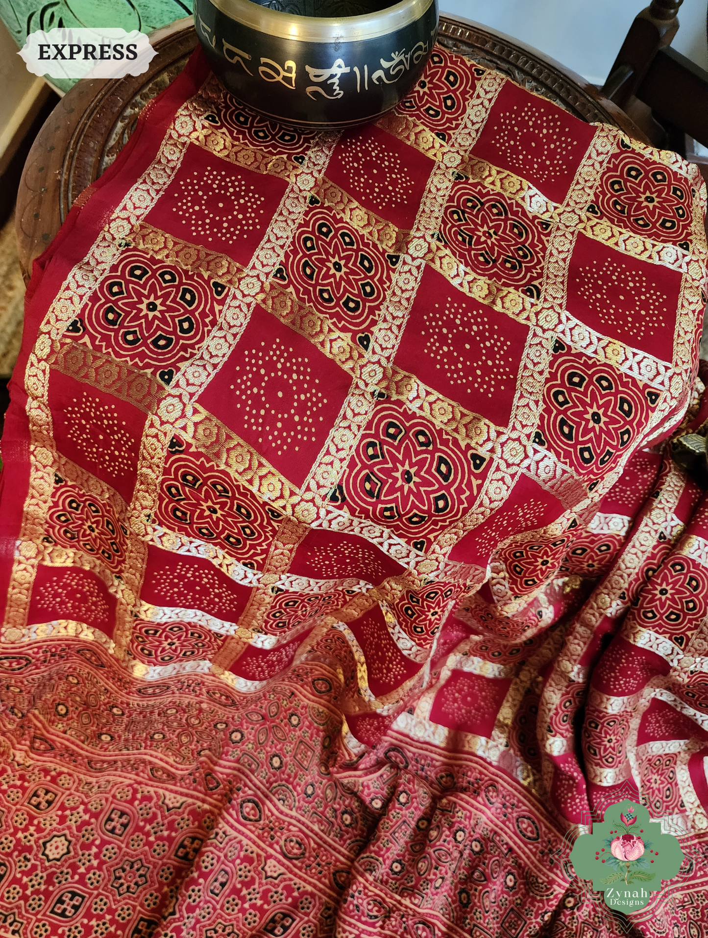 Zynah Maroon Ajrakh Modal Silk Hand Block Printed Gharchola Saree With Gold Woven Border; Custom Stitched/Ready-made Blouse, Fall, Petticoat; SKU: 3107202501