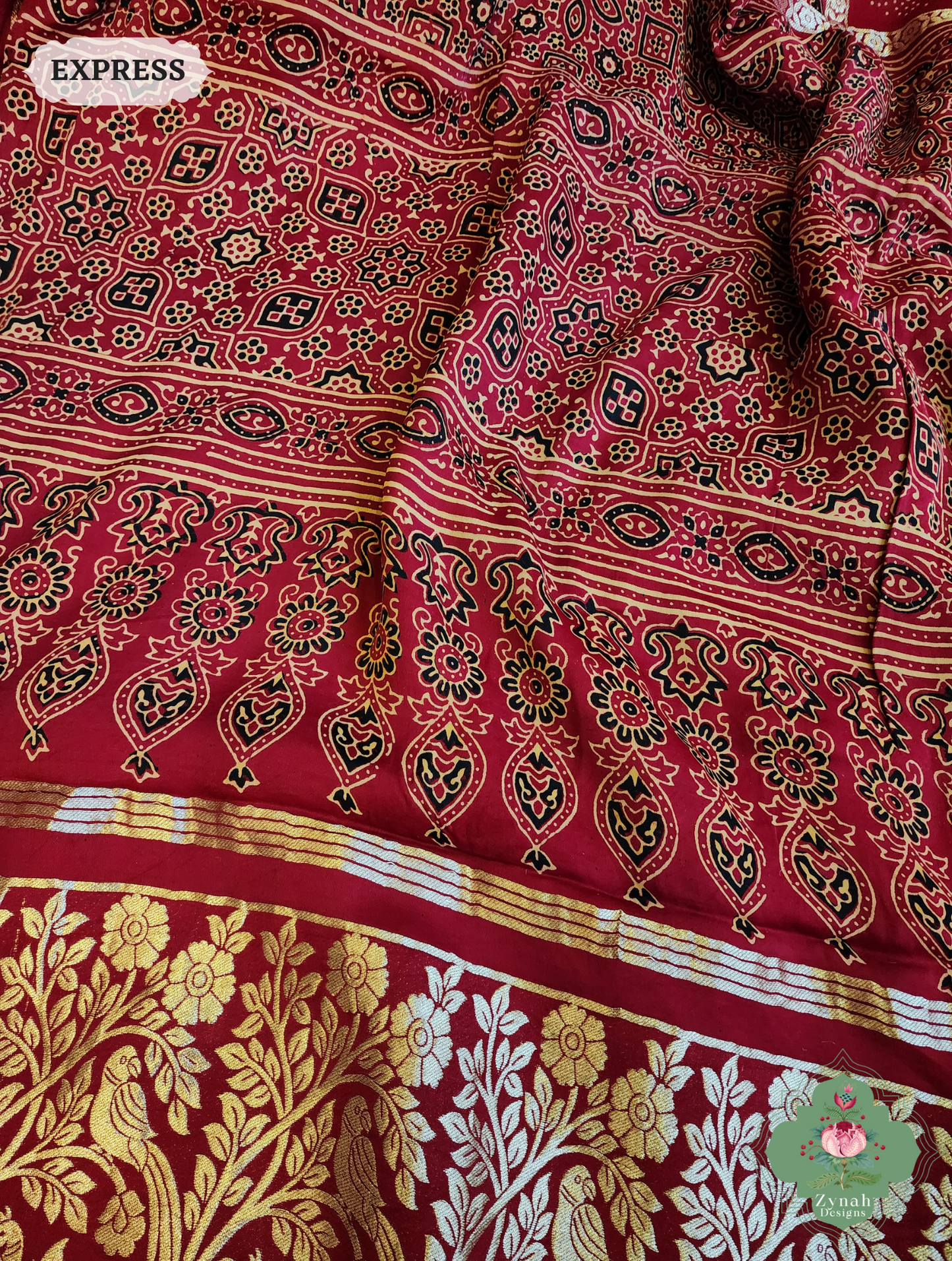Zynah Maroon Ajrakh Modal Silk Hand Block Printed Gharchola Saree With Gold Woven Border; Custom Stitched/Ready-made Blouse, Fall, Petticoat; SKU: 3107202501