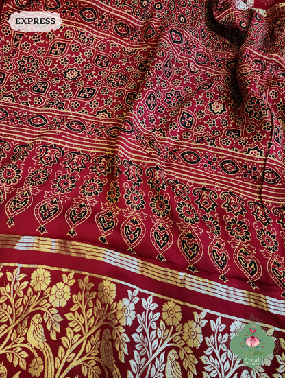 Zynah Maroon Ajrakh Modal Silk Hand Block Printed Gharchola Saree With Gold Woven Border; Custom Stitched/Ready-made Blouse, Fall, Petticoat; SKU: 3107202501