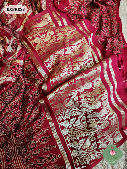 Zynah Maroon Ajrakh Modal Silk Hand Block Printed Gharchola Saree With Gold Woven Border; Custom Stitched/Ready-made Blouse, Fall, Petticoat; SKU: 3107202501