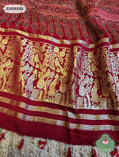 Zynah Maroon Ajrakh Modal Silk Hand Block Printed Gharchola Saree With Gold Woven Border; Custom Stitched/Ready-made Blouse, Fall, Petticoat; SKU: 3107202501