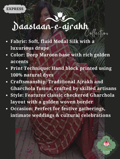 Zynah Maroon Ajrakh Modal Silk Hand Block Printed Gharchola Saree With Gold Woven Border; Custom Stitched/Ready-made Blouse, Fall, Petticoat; SKU: 3107202501