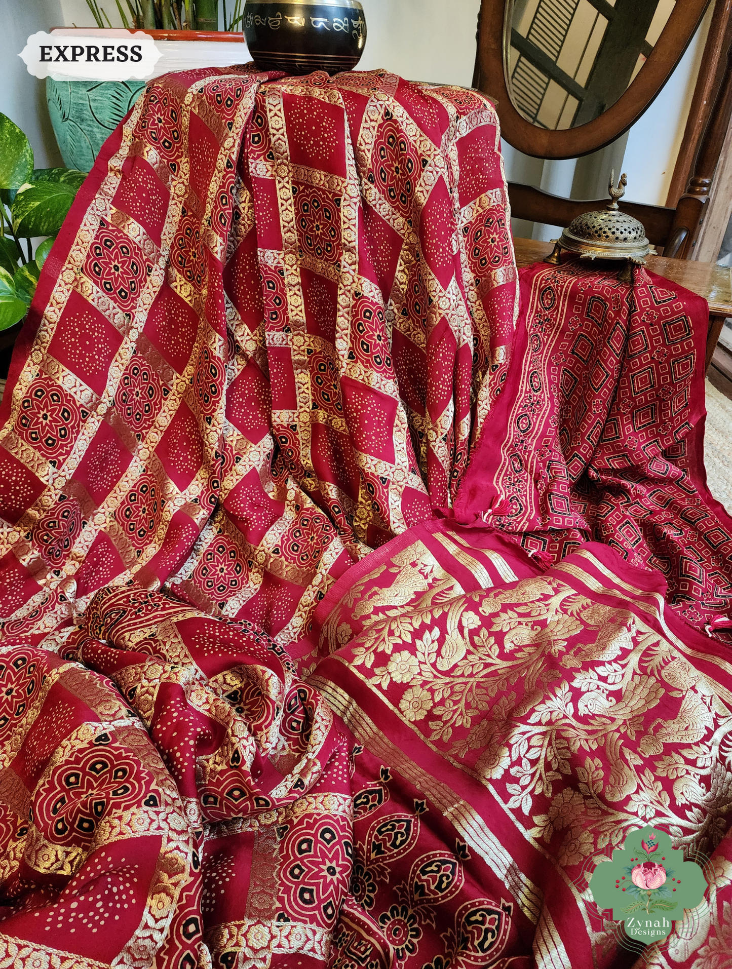 Zynah Maroon Ajrakh Modal Silk Hand Block Printed Gharchola Saree With Gold Woven Border; Custom Stitched/Ready-made Blouse, Fall, Petticoat; SKU: 3107202501