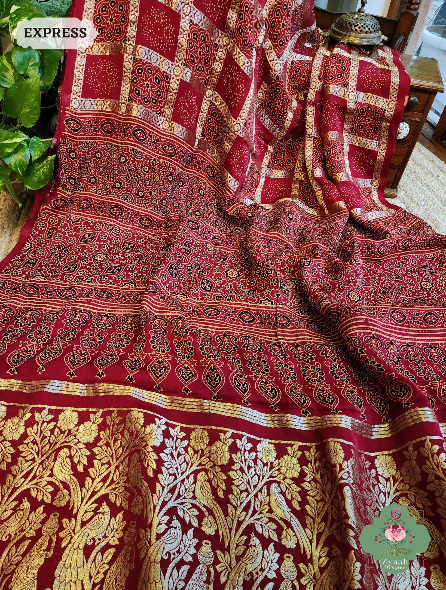 Zynah Maroon Ajrakh Modal Silk Hand Block Printed Gharchola Saree With Gold Woven Border; Custom Stitched/Ready-made Blouse, Fall, Petticoat; SKU: 3107202501