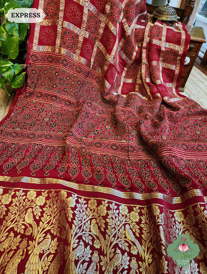 Zynah Maroon Ajrakh Modal Silk Hand Block Printed Gharchola Saree With Gold Woven Border; Custom Stitched/Ready-made Blouse, Fall, Petticoat; SKU: 3107202501