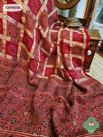 Zynah Maroon Ajrakh Modal Silk Hand Block Printed Gharchola Saree With Gold Woven Border; Custom Stitched/Ready-made Blouse, Fall, Petticoat; SKU: 3107202501