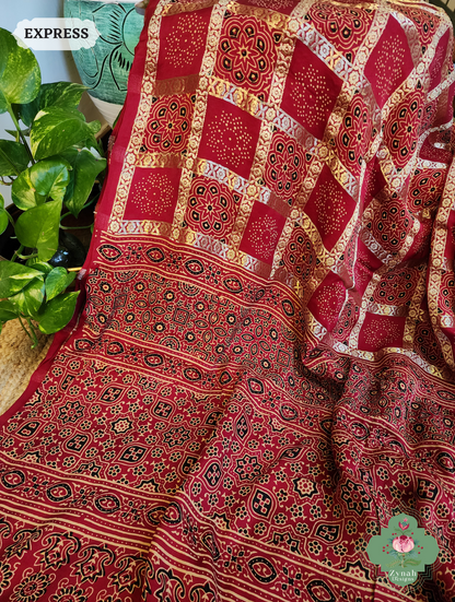 Zynah Maroon Ajrakh Modal Silk Hand Block Printed Gharchola Saree With Gold Woven Border; Custom Stitched/Ready-made Blouse, Fall, Petticoat; SKU: 3107202501