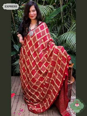 Zynah Maroon Ajrakh Modal Silk Hand Block Printed Gharchola Saree With Gold Woven Border; Custom Stitched/Ready-made Blouse, Fall, Petticoat; SKU: 3107202501