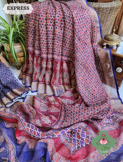 Zynah Maroon Linen Saree With Ajrakh Print; Custom Stitched/Ready-made Blouse, Fall, Petticoat; SKU: 2504202305