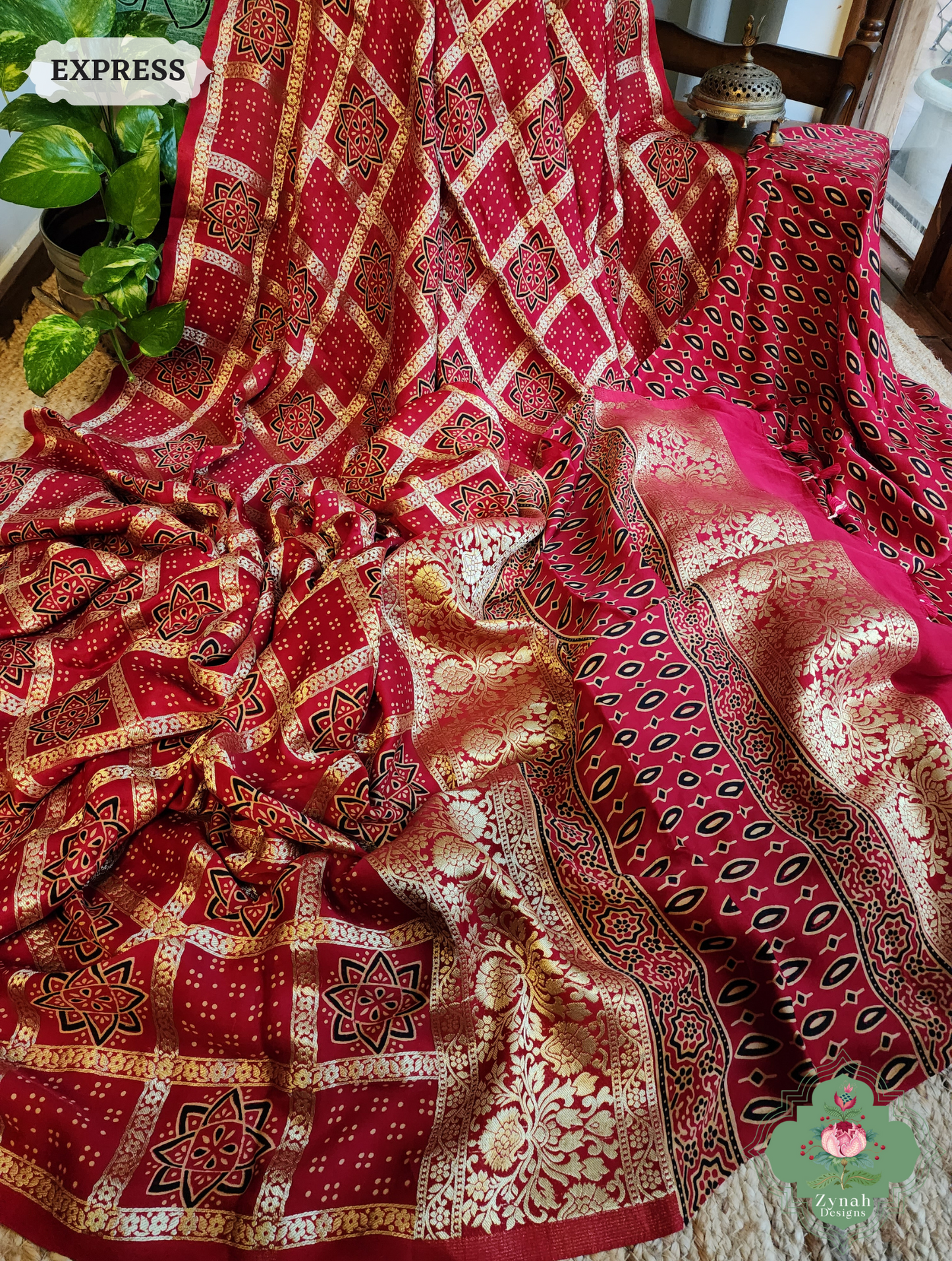 Zynah Maroon Ajrakh Modal Silk Hand Block Printed Gharchola Saree With Gold Woven Border; Custom Stitched/Ready-made Blouse, Fall, Petticoat; SKU: 3107202502
