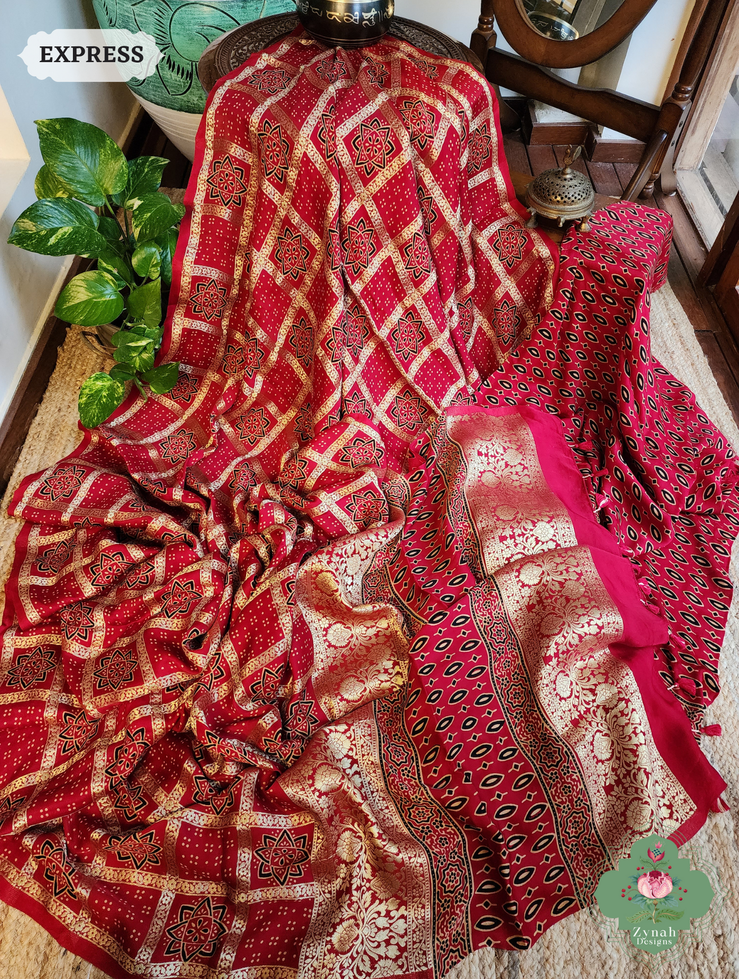 Zynah Maroon Ajrakh Modal Silk Hand Block Printed Gharchola Saree With Gold Woven Border; Custom Stitched/Ready-made Blouse, Fall, Petticoat; SKU: 3107202502