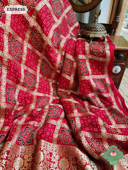 Zynah Maroon Ajrakh Modal Silk Hand Block Printed Gharchola Saree With Gold Woven Border; Custom Stitched/Ready-made Blouse, Fall, Petticoat; SKU: 3107202502