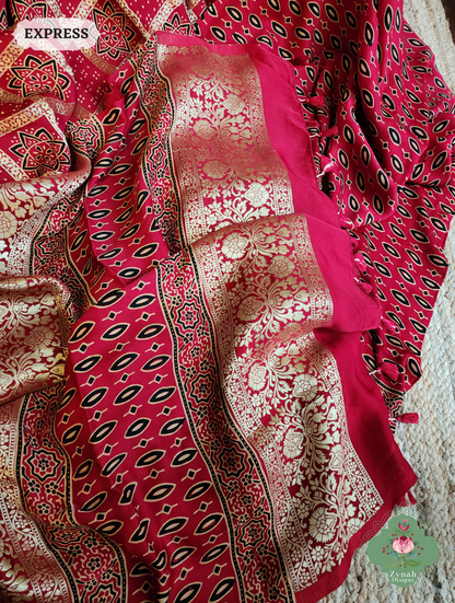 Zynah Maroon Ajrakh Modal Silk Hand Block Printed Gharchola Saree With Gold Woven Border; Custom Stitched/Ready-made Blouse, Fall, Petticoat; SKU: 3107202502
