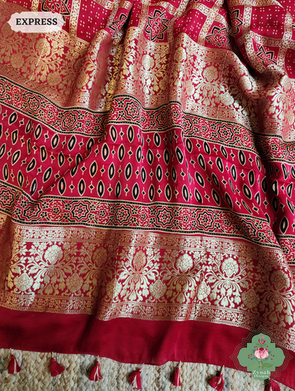Zynah Maroon Ajrakh Modal Silk Hand Block Printed Gharchola Saree With Gold Woven Border; Custom Stitched/Ready-made Blouse, Fall, Petticoat; SKU: 3107202502