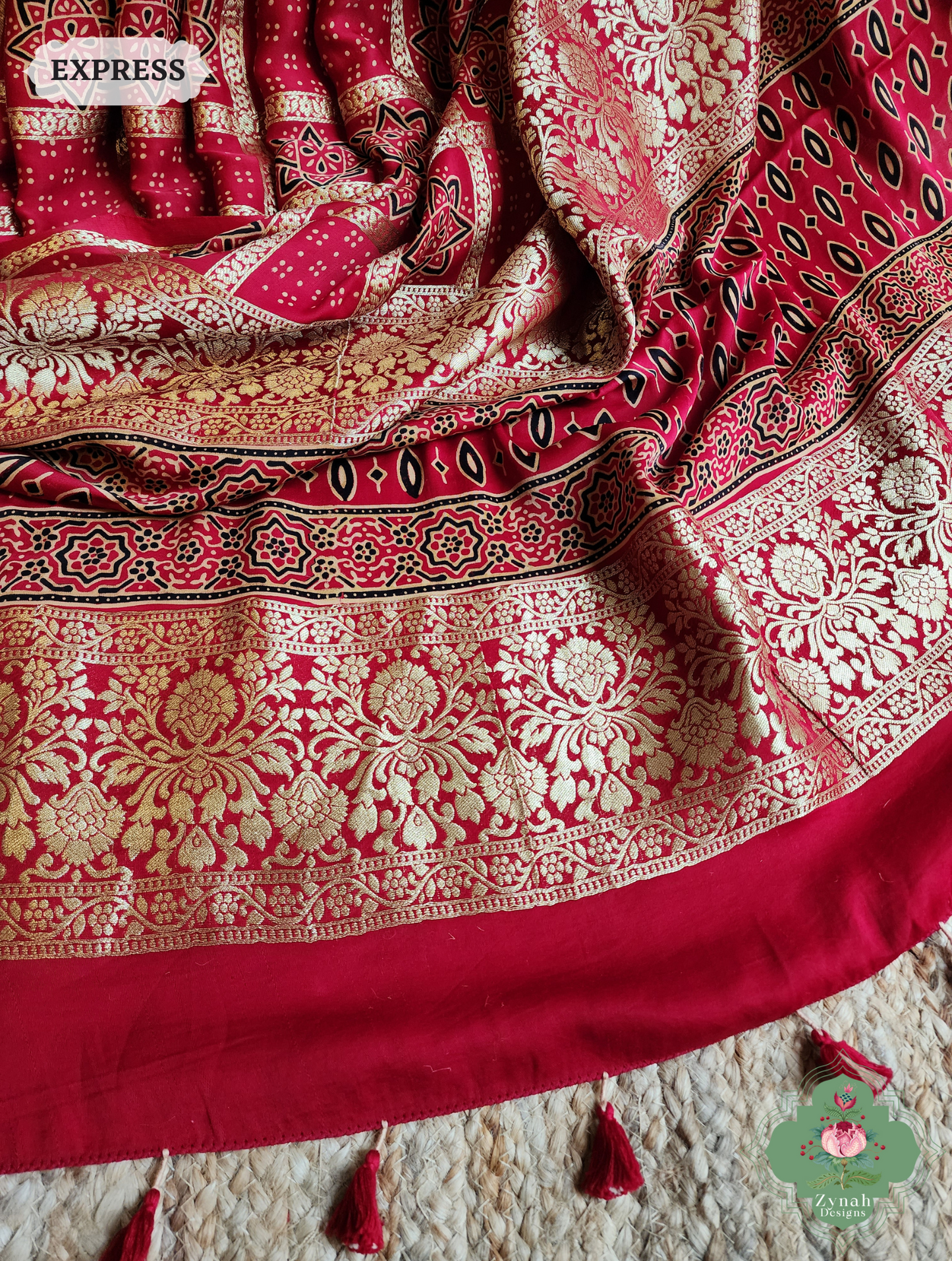 Zynah Maroon Ajrakh Modal Silk Hand Block Printed Gharchola Saree With Gold Woven Border; Custom Stitched/Ready-made Blouse, Fall, Petticoat; SKU: 3107202502