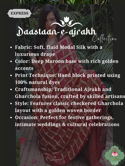 Zynah Maroon Ajrakh Modal Silk Hand Block Printed Gharchola Saree With Gold Woven Border; Custom Stitched/Ready-made Blouse, Fall, Petticoat; SKU: 3107202502