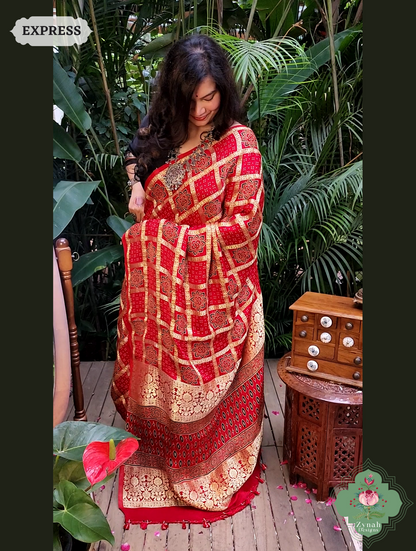 Zynah Maroon Ajrakh Modal Silk Hand Block Printed Gharchola Saree With Gold Woven Border; Custom Stitched/Ready-made Blouse, Fall, Petticoat; SKU: 3107202502