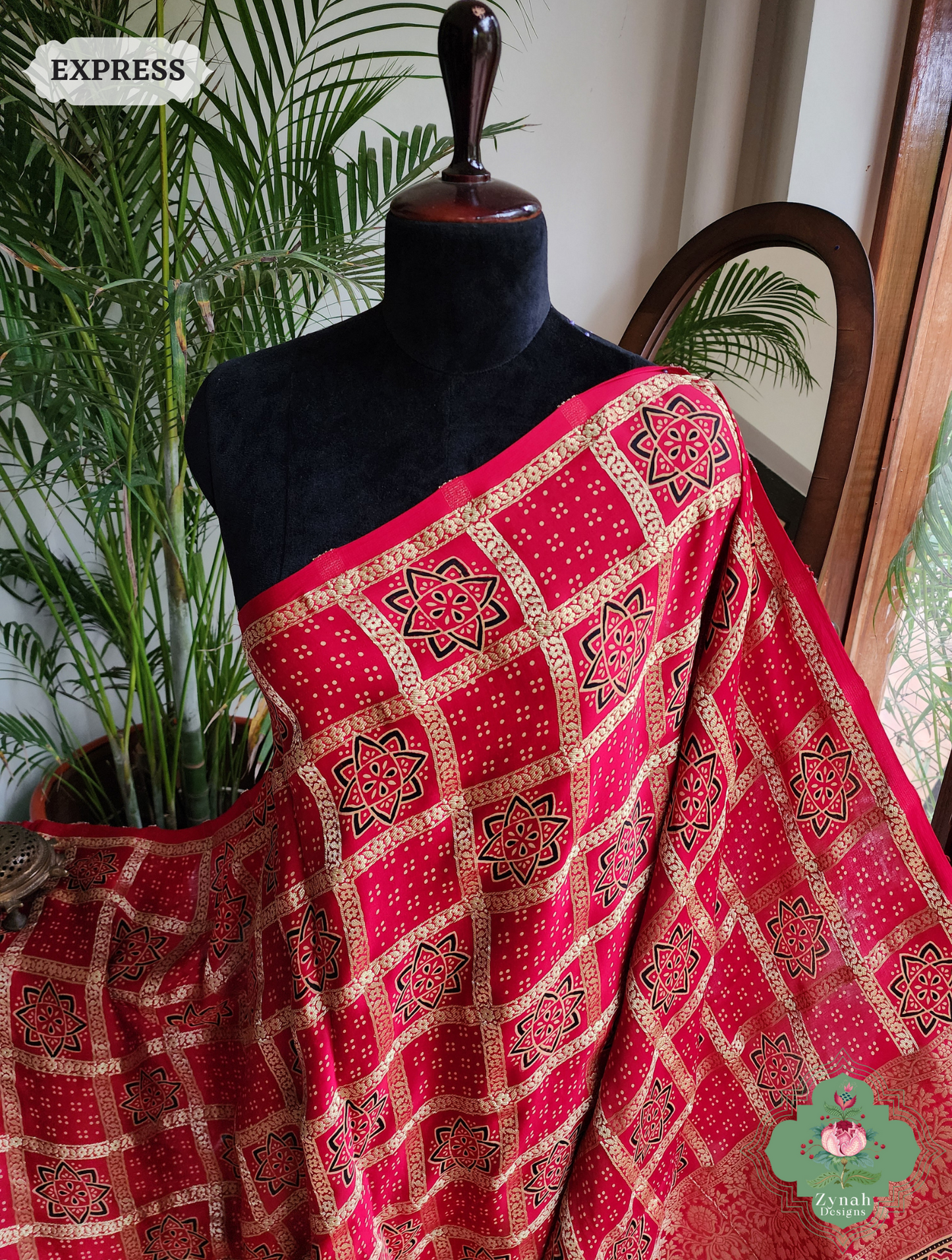Zynah Maroon Ajrakh Modal Silk Hand Block Printed Gharchola Saree With Gold Woven Border; Custom Stitched/Ready-made Blouse, Fall, Petticoat; SKU: 3107202502