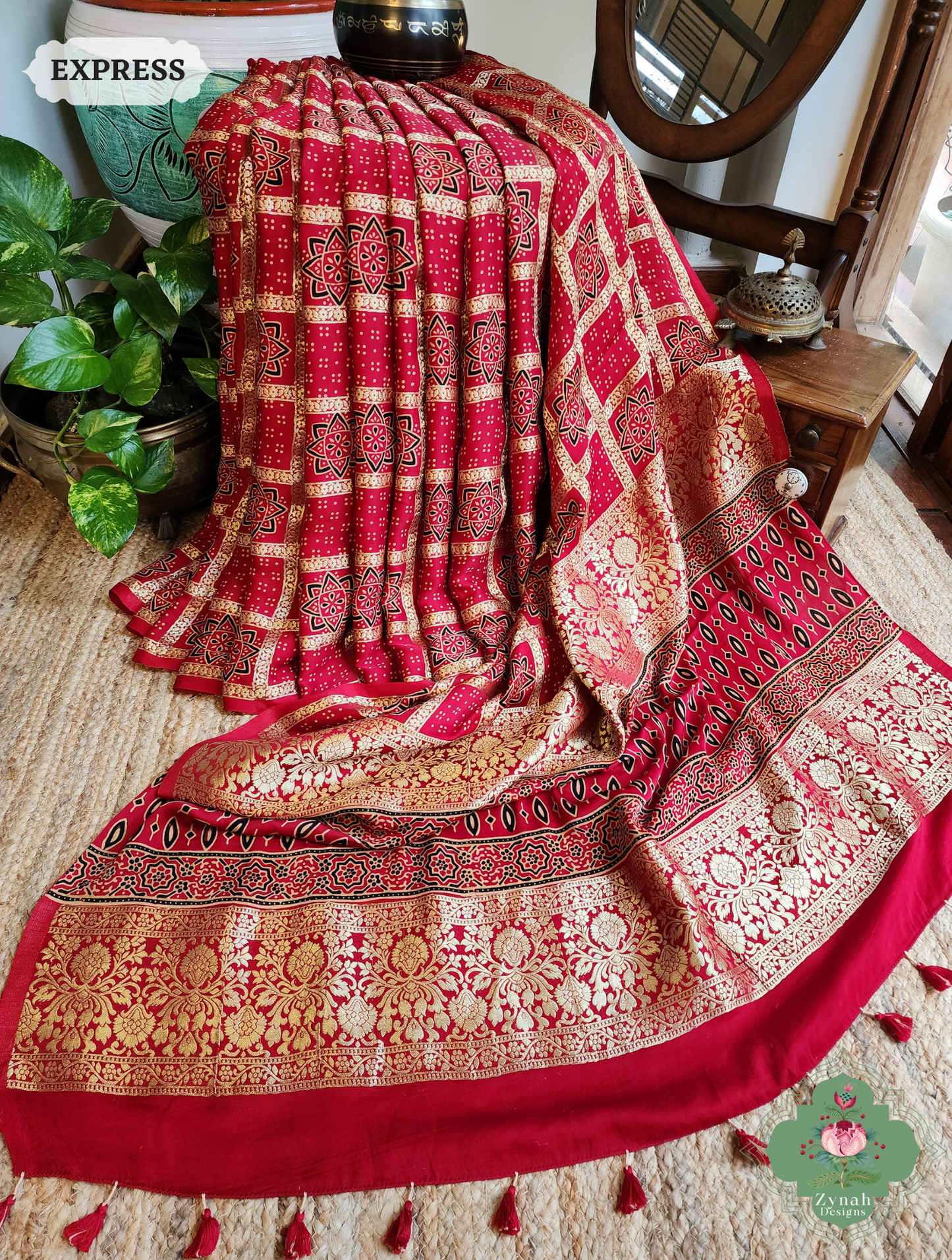 Zynah Maroon Ajrakh Modal Silk Hand Block Printed Gharchola Saree With Gold Woven Border; Custom Stitched/Ready-made Blouse, Fall, Petticoat; SKU: 3107202502
