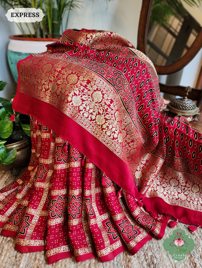 Zynah Maroon Ajrakh Modal Silk Hand Block Printed Gharchola Saree With Gold Woven Border; Custom Stitched/Ready-made Blouse, Fall, Petticoat; SKU: 3107202502