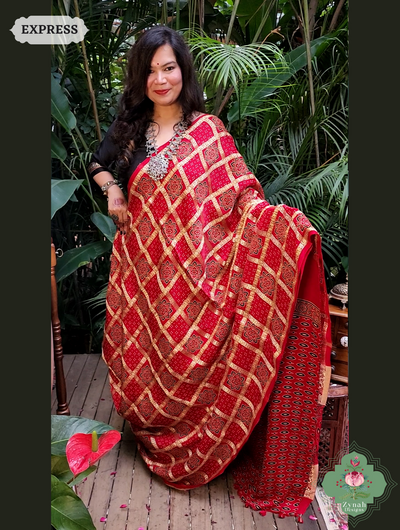 Zynah Maroon Ajrakh Modal Silk Hand Block Printed Gharchola Saree With Gold Woven Border; Custom Stitched/Ready-made Blouse, Fall, Petticoat; SKU: 3107202502