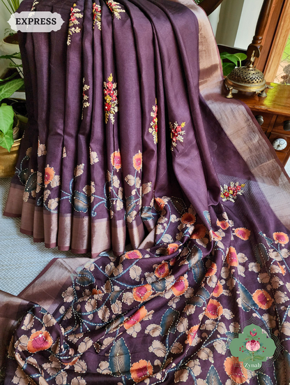 Maroonish Brown Jute Linen Saree, Kalamkari Pallu With Kantha Work, All Over Frenchknot Embroidery Butis