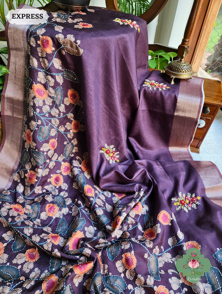 Maroonish Brown Jute Linen Saree, Kalamkari Pallu With Kantha Work, All Over Frenchknot Embroidery Butis