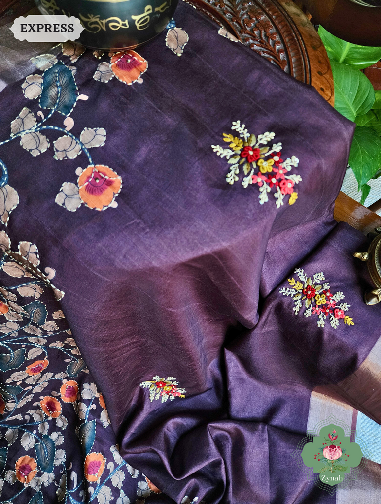 Maroonish Brown Jute Linen Saree, Kalamkari Pallu With Kantha Work, All Over Frenchknot Embroidery Butis