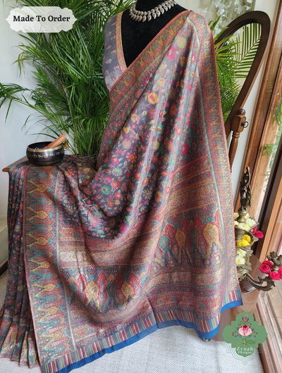 Zynah Made To Order Mauve Handwoven Kashmiri Pure Kani Tissue Silk Jamavar Saree; Custom Stitched/Ready-made Blouse, Fall, Petticoat; SKU: 0110202508