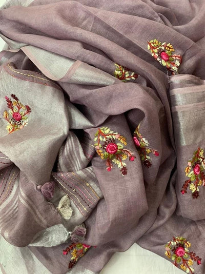 Zynah Mauve Linen Saree With Frenchknot Embroidery; Custom Stitched/Ready-made Blouse, Fall, Petticoat; SKU: 2504202303