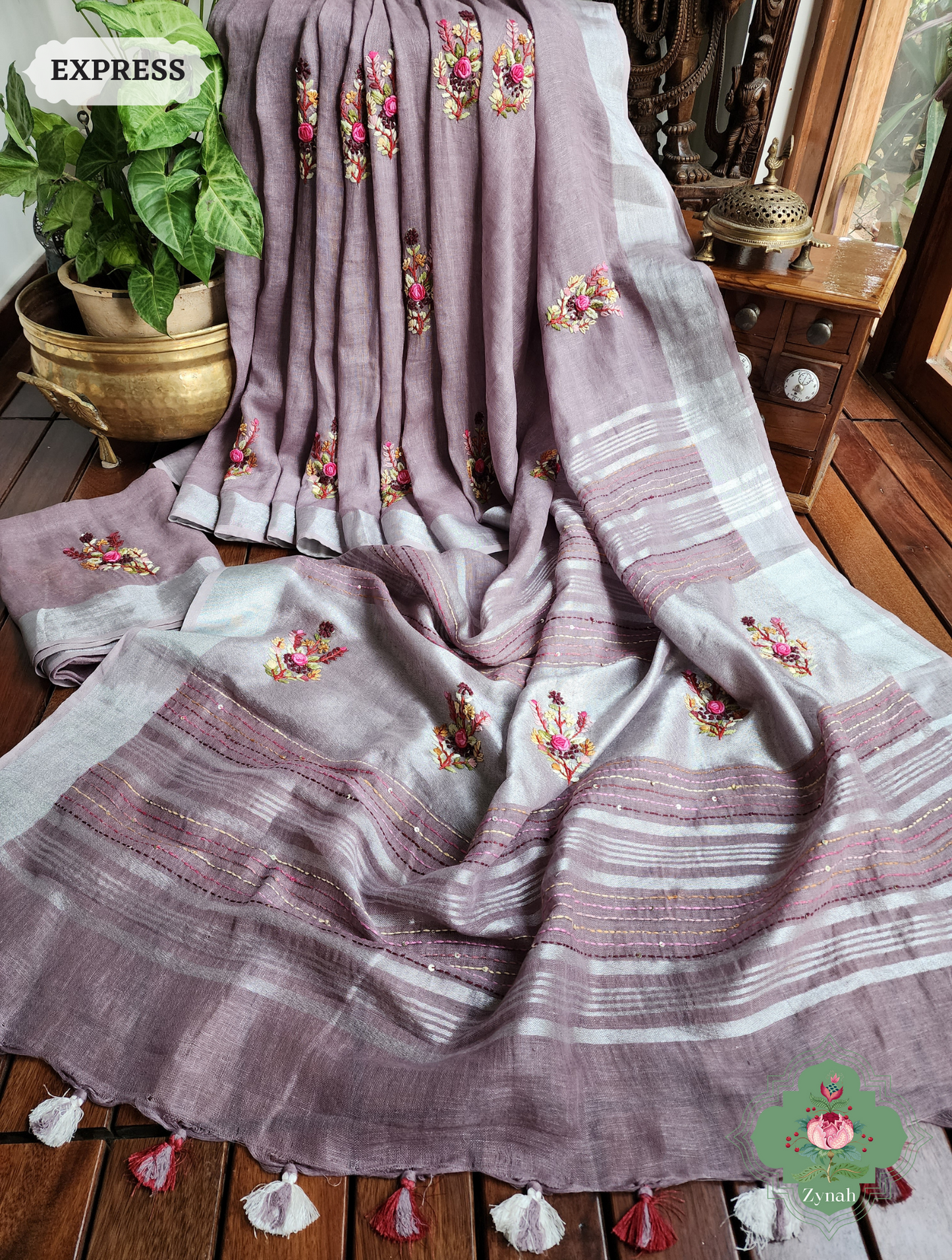 Grey Organic Linen Saree With Pichwai Print 1