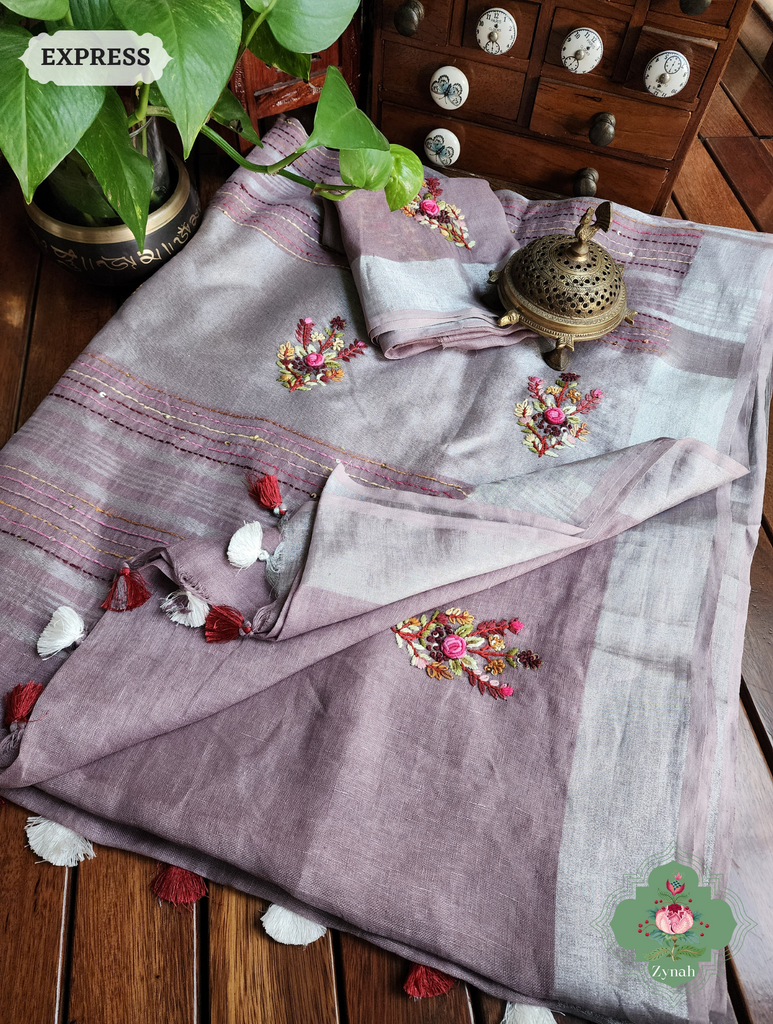 Grey Organic Linen Saree With Pichwai Print 10