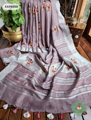 Grey Organic Linen Saree With Pichwai Print 1