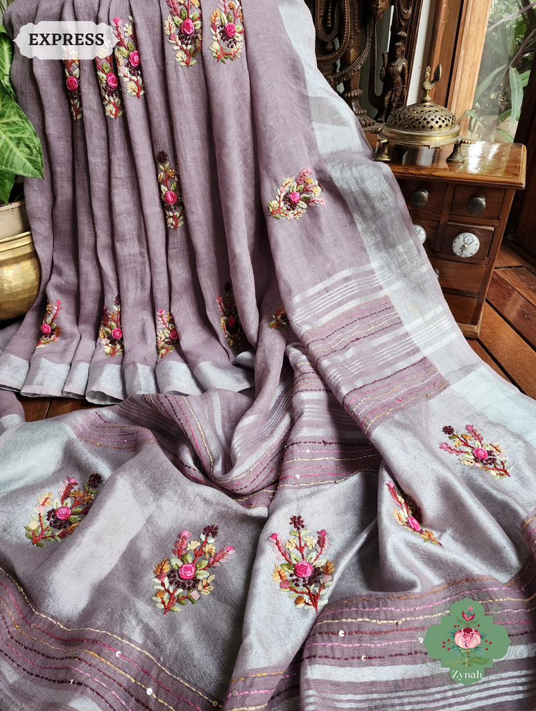 Grey Organic Linen Saree With Pichwai Print 3