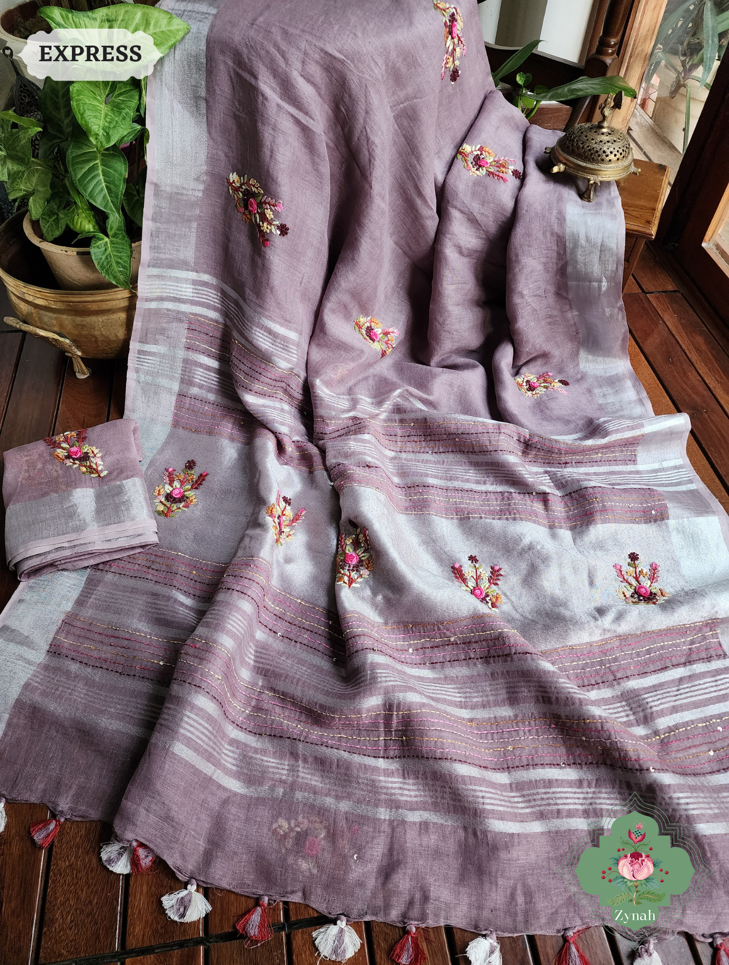 Grey Organic Linen Saree With Pichwai Print 4