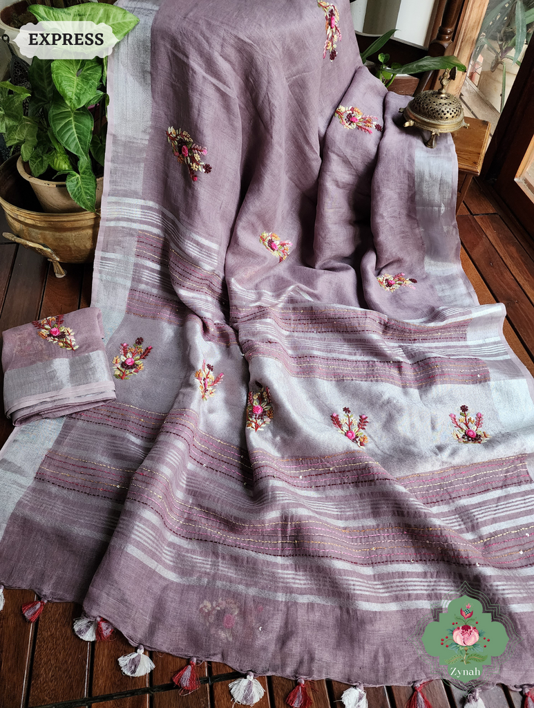 Grey Organic Linen Saree With Pichwai Print 4