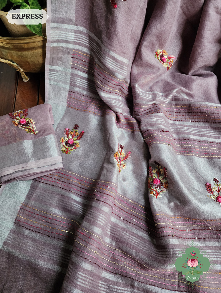 Grey Organic Linen Saree With Pichwai Print 5
