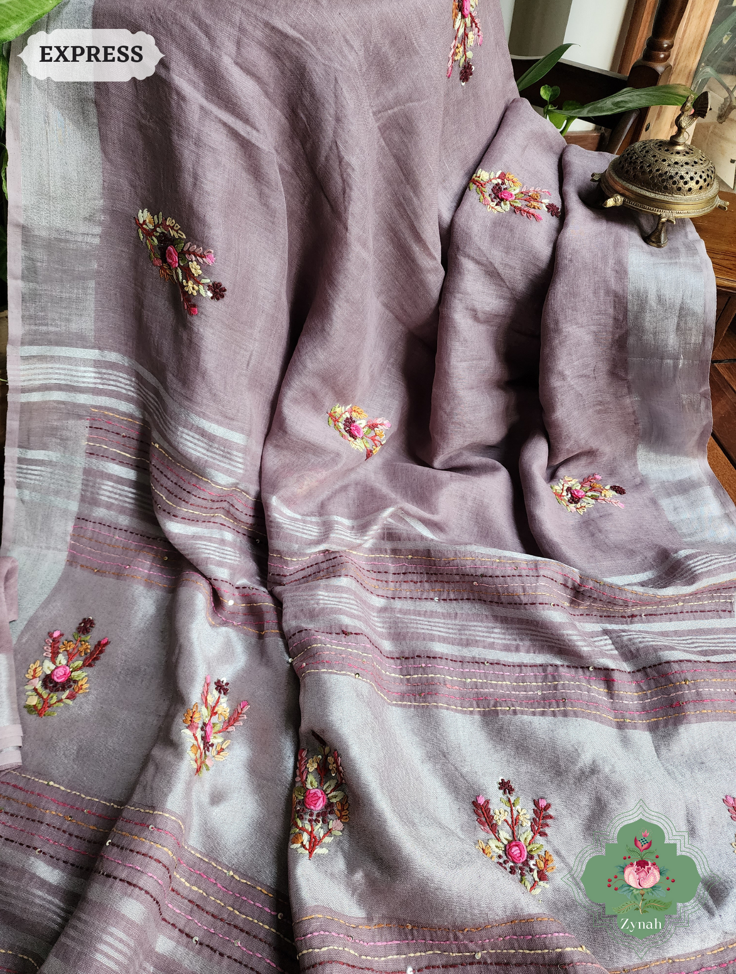 Grey Organic Linen Saree With Pichwai Print 6