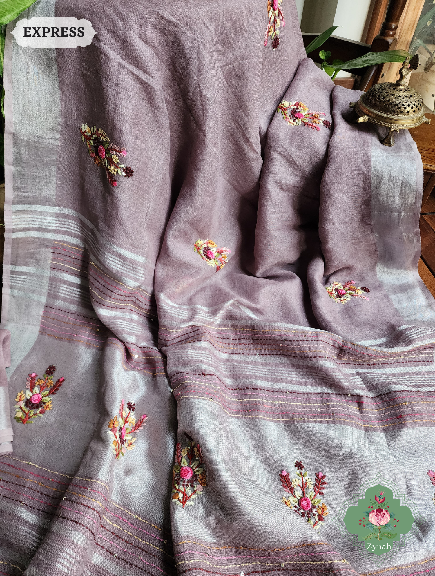 Grey Organic Linen Saree With Pichwai Print 6