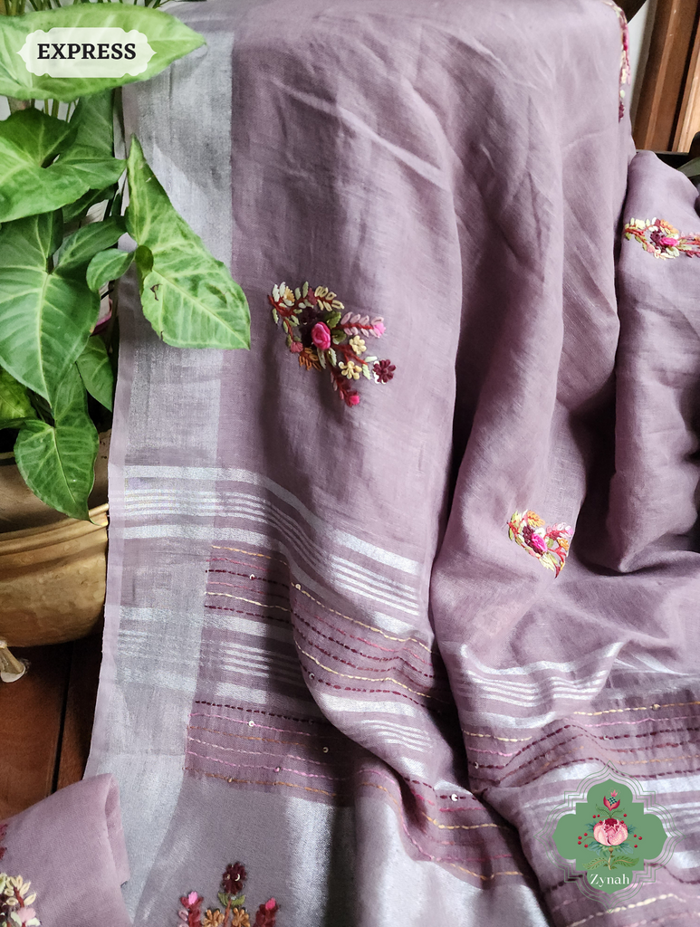 Grey Organic Linen Saree With Pichwai Print 8
