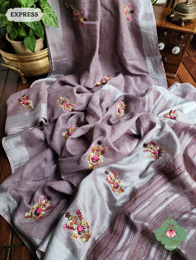 Grey Organic Linen Saree With Pichwai Print 7