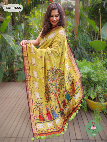 Zynah Henna Green Organic Linen Saree With Pichwai Print; Custom Stitched/Ready-made Blouse, Fall, Petticoat; SKU: 1006202301