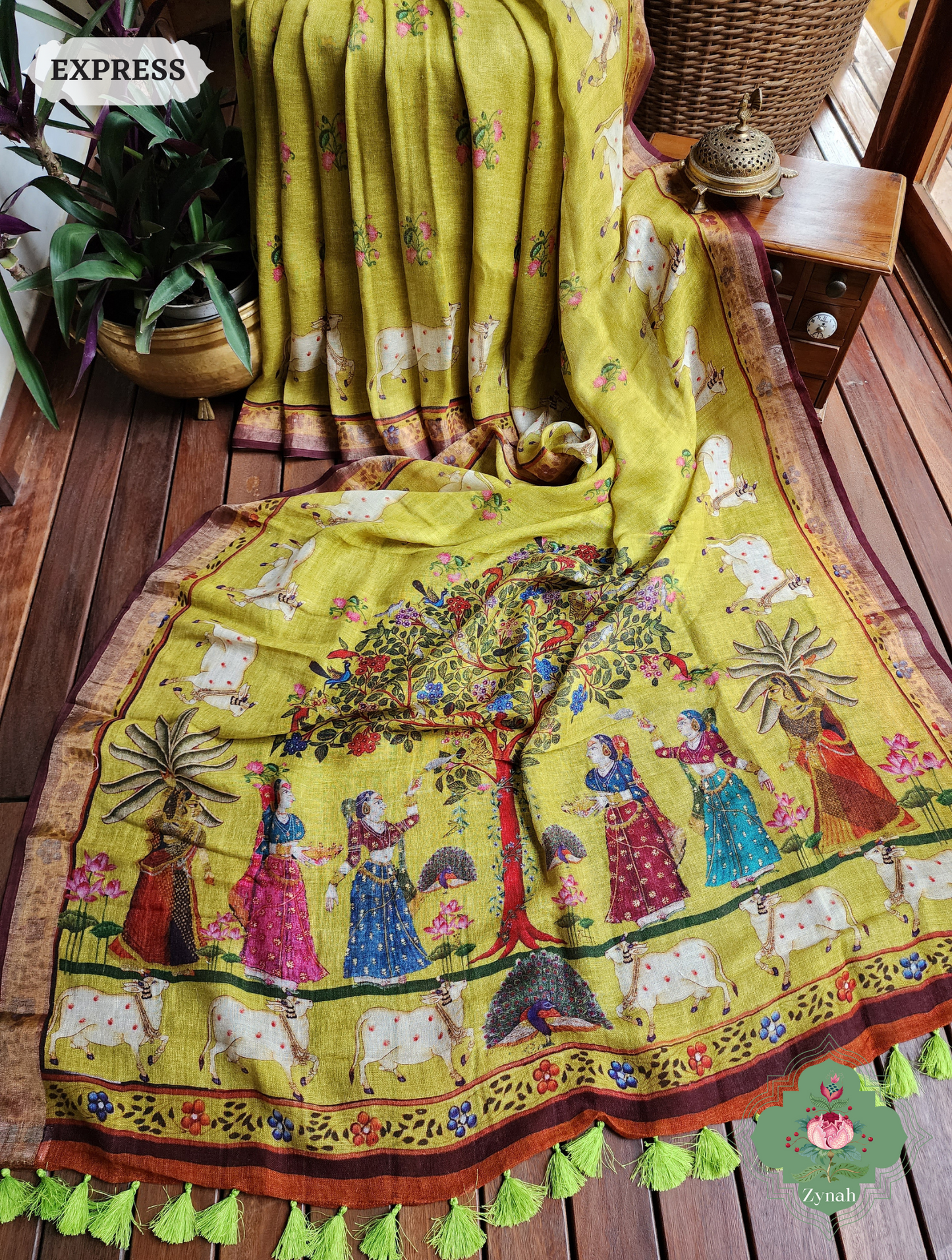 Zynah Henna Green Organic Linen Saree With Pichwai Print; Custom Stitched/Ready-made Blouse, Fall, Petticoat; SKU: 1006202301