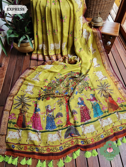Zynah Henna Green Organic Linen Saree With Pichwai Print; Custom Stitched/Ready-made Blouse, Fall, Petticoat; SKU: 1006202301